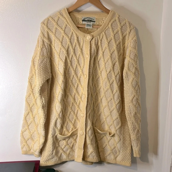 Aran Crafts Sweaters - Aran Crafts 100% Merino Wool Yellow Diamond Point Vintage Button Up Cardigan SzL
